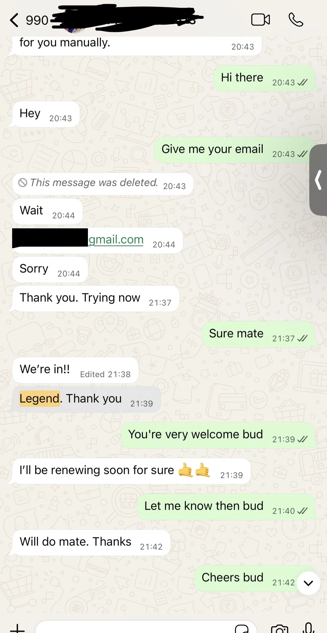 Screenshot of a customer message about free test completed